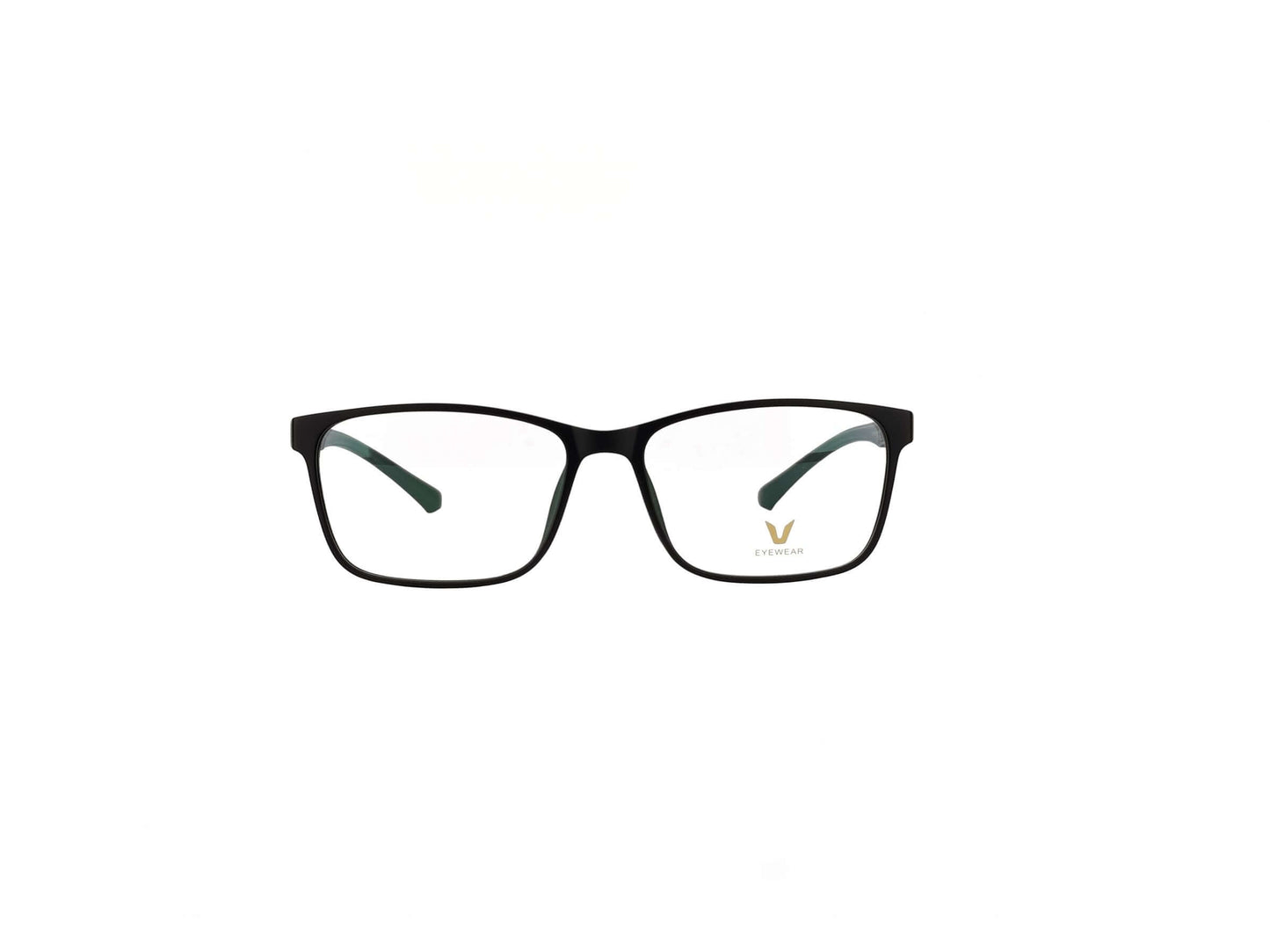 Front view black rectangle glasses frames isolated white background, matte rectangular acetate prescription eyewear with black inner temple, unisex daily optical frame product shot