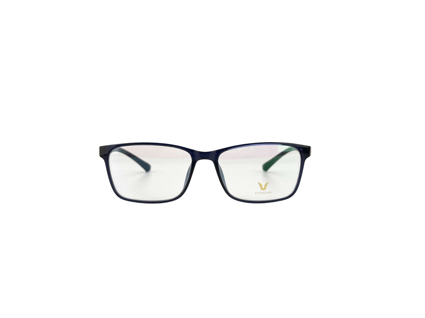 Front view blue rectangle glasses frames isolated white background, matte rectangular acetate prescription eyewear with black inner temple, unisex daily optical frame product shot
