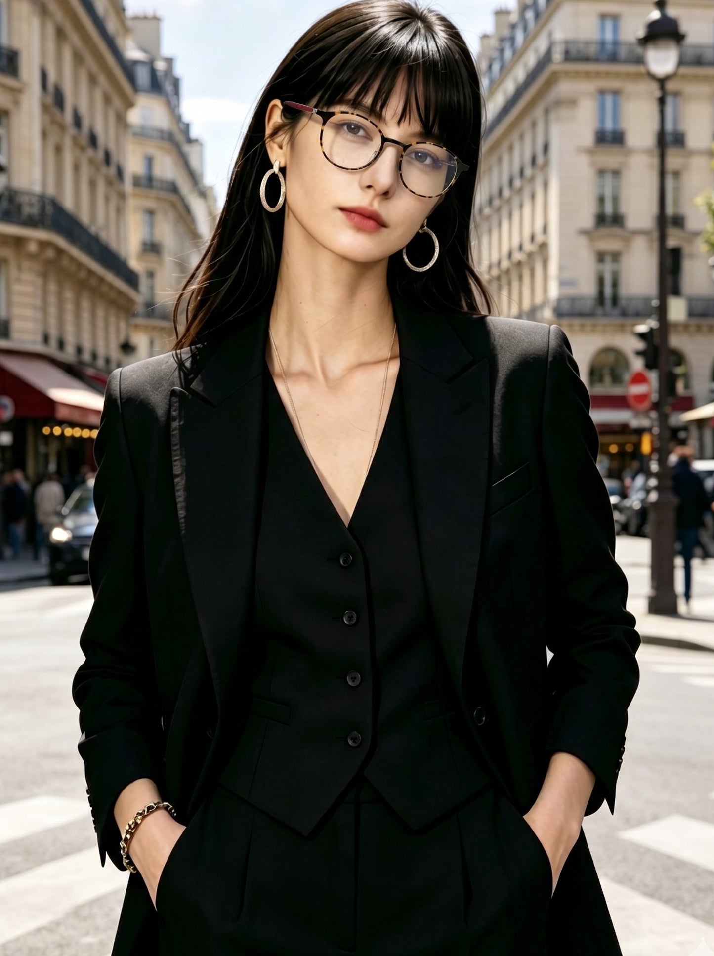 Woman wearing tortoiseshell panto glasses with black suit vest blazer, Paris street fashion eyewear portrait, retro round tortoise optical frame red temple detail