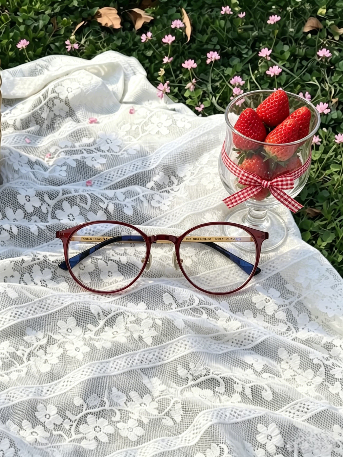 Burgundy round cute eyeglasses for women flat lay on white lace fabric picnic mat, fresh strawberry glass and clover flowers, spring countryside aesthetic women eyewear styling