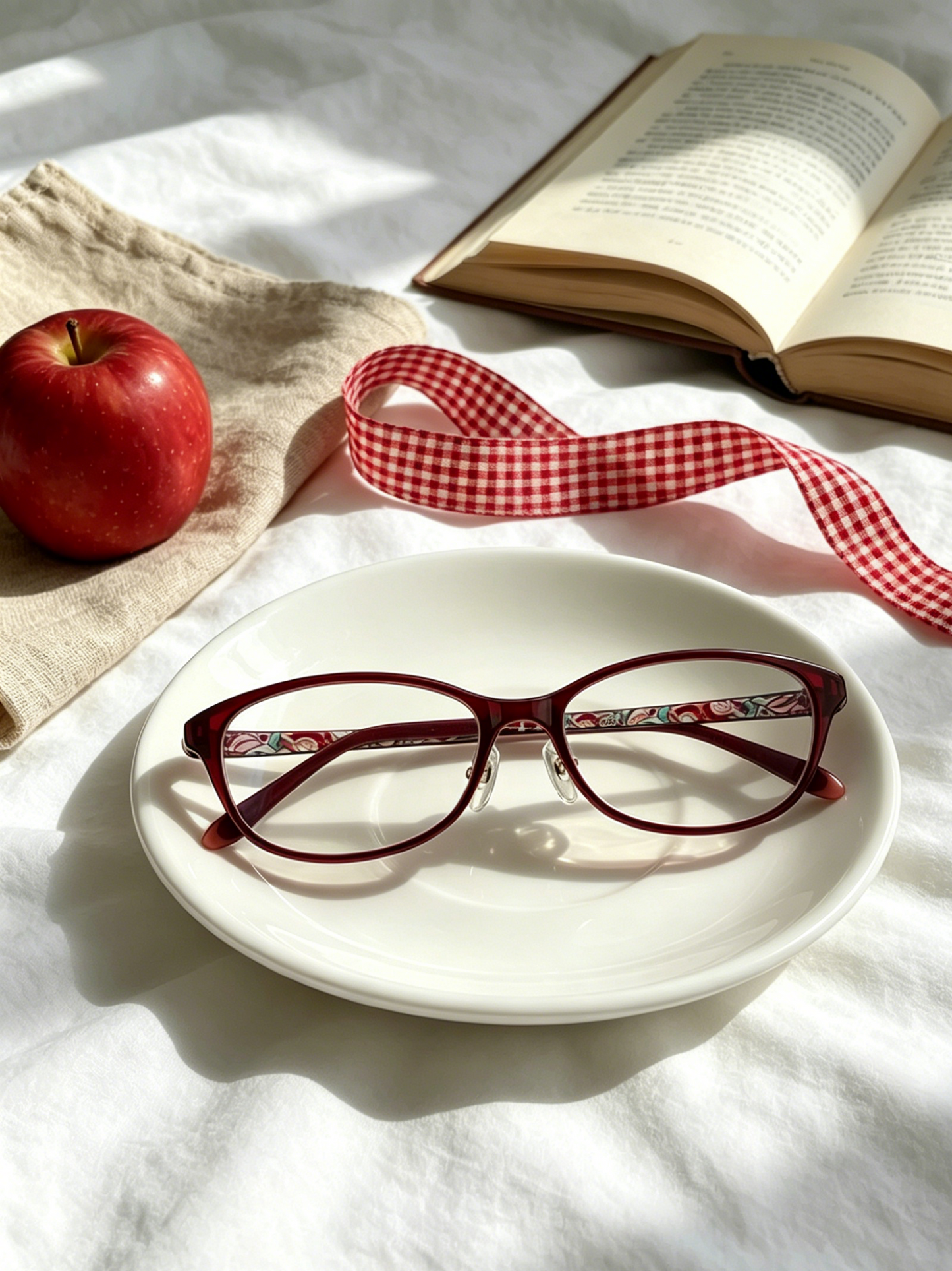 Burgundy cat eye glasses flat lay on white ceramic plate with red apple, linen fabric and open book, soft cottagecore aesthetic cat eye acetate frame lifestyle styling