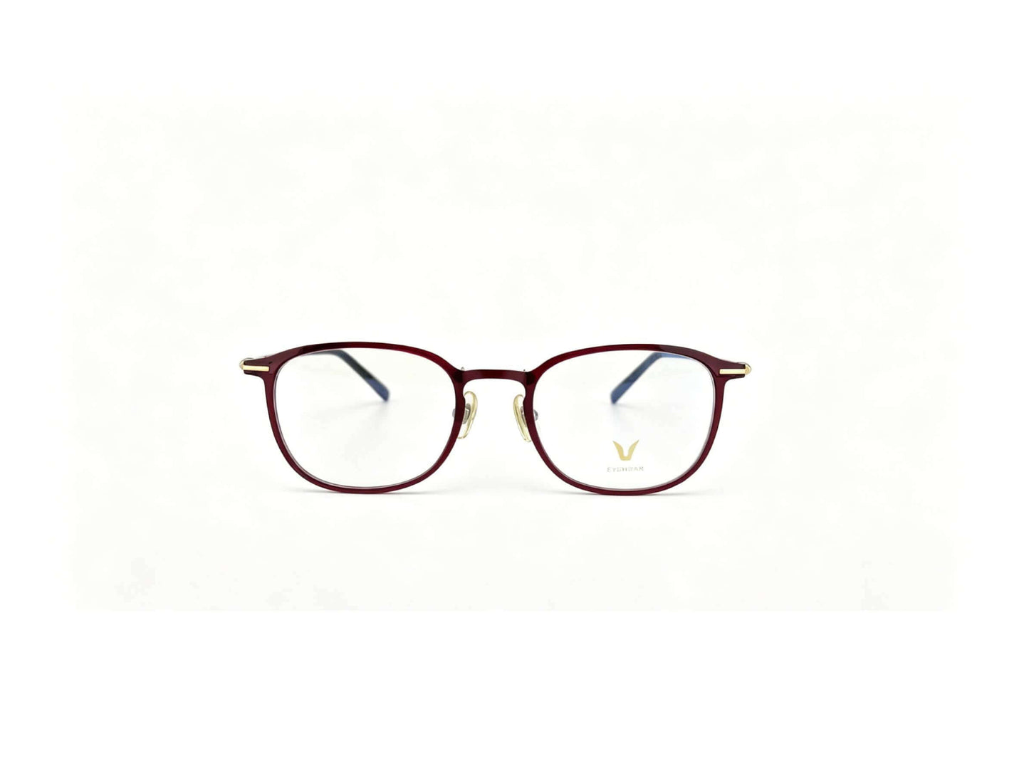 Front view burgundy vintage square glasses isolated white background, lightweight retro square acetate prescription eyewear with blue temple tip product shot