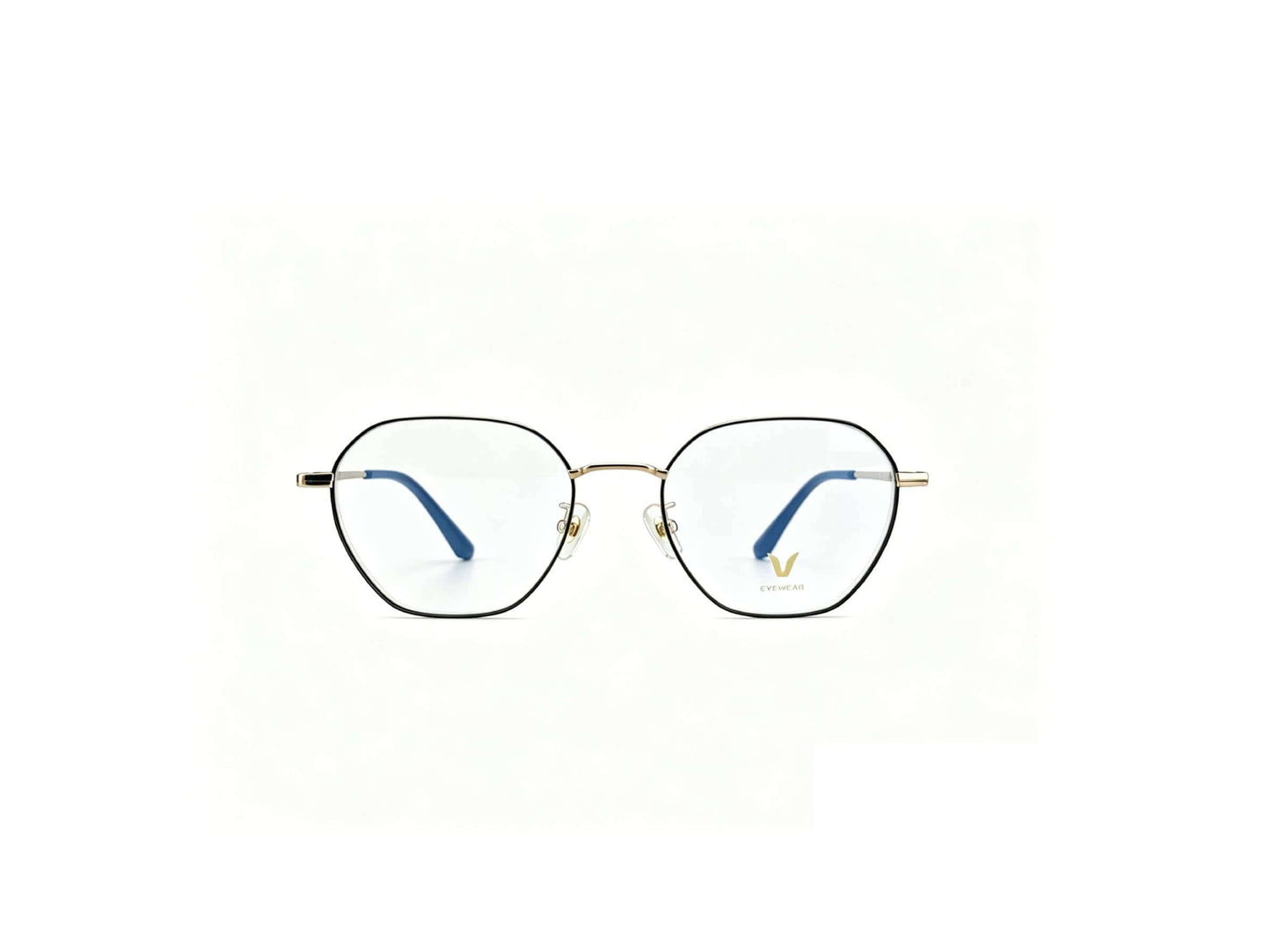 Front view geometric metal glasses isolated white background, two-tone gold black hexagonal metal prescription eyeglasses with blue temple tip eyewear product shot