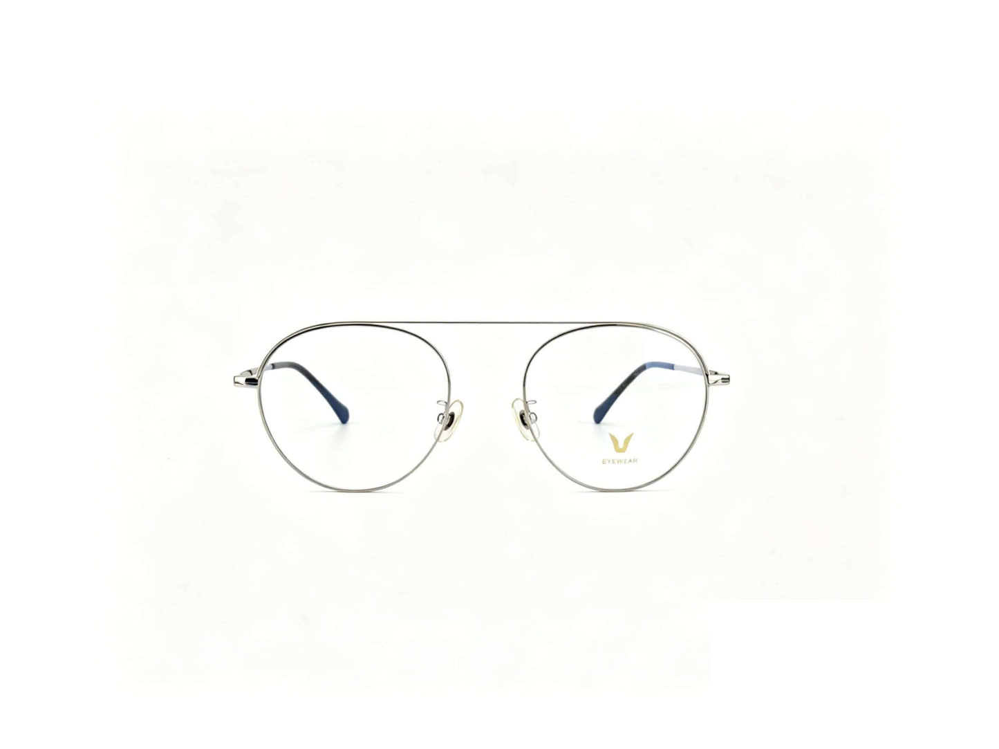 Front view aviator metal glasses isolated white background, silver double bridge round aviator prescription eyeglasses with blue temple tip eyewear product shot