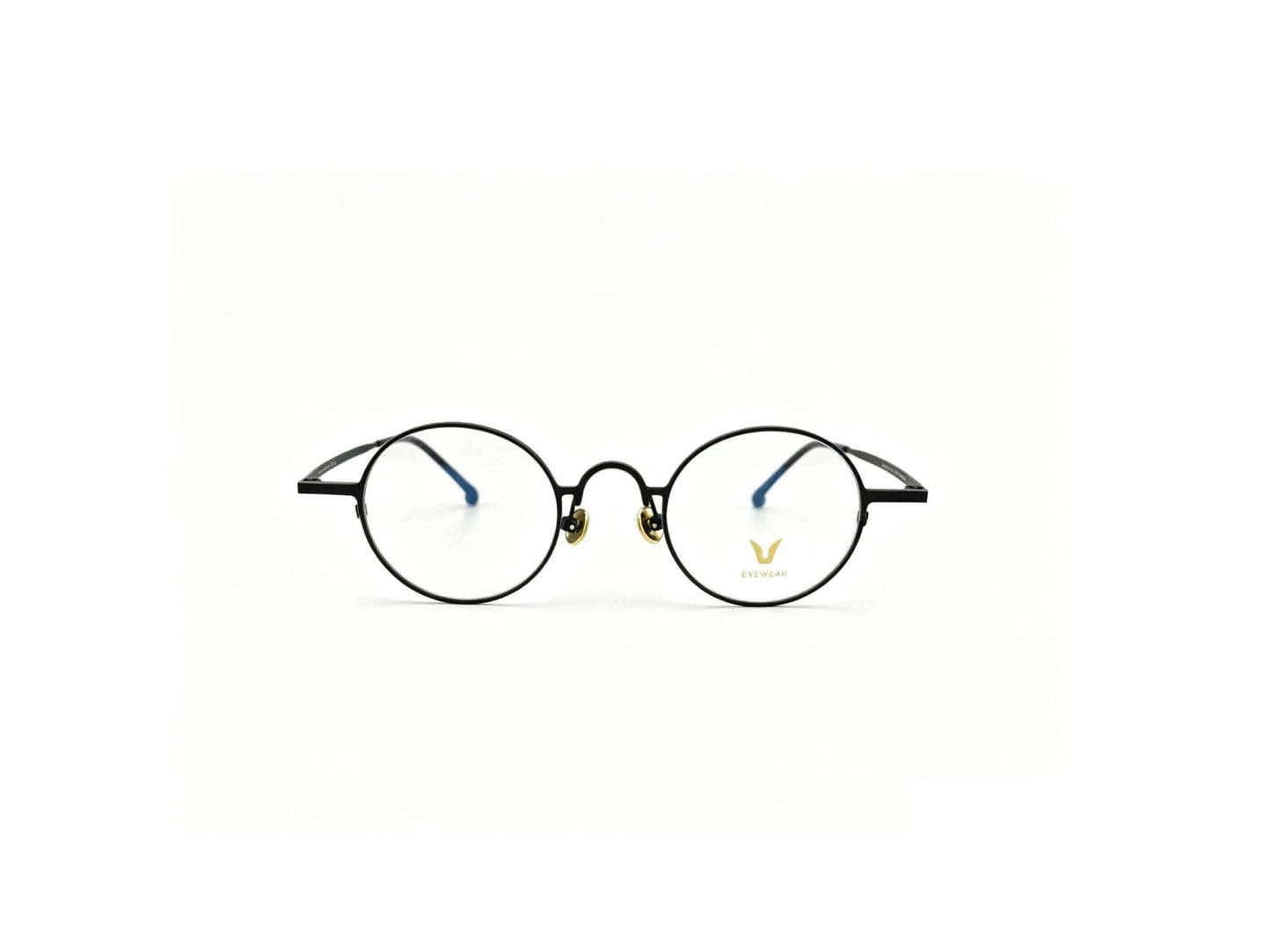 Front view black retro round metal glasses isolated white background, lightweight vintage round metal prescription eyeglasses for men with blue temple tip unisex eyewear product shot