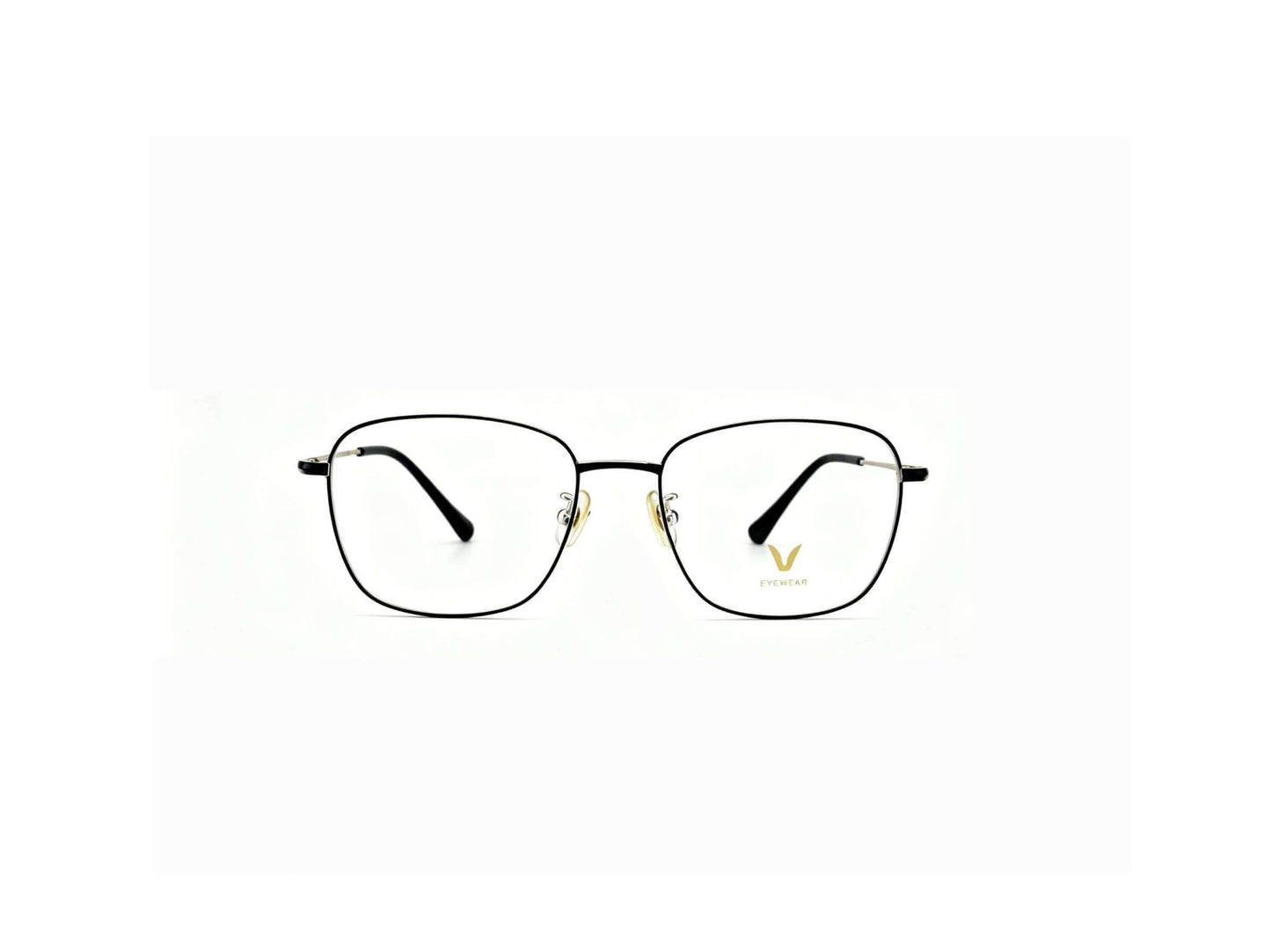Front view black gold two-tone thin metal glasses frames isolated white background, lightweight square metal prescription eyewear unisex daily optical frame product shot
