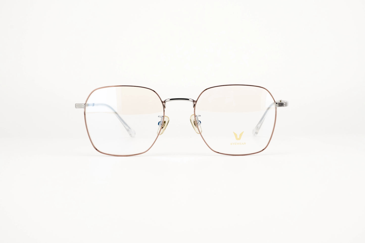 V2630 square metal eyeglasses rose gold thin wire square eyeglass frame clean white background studio product photography