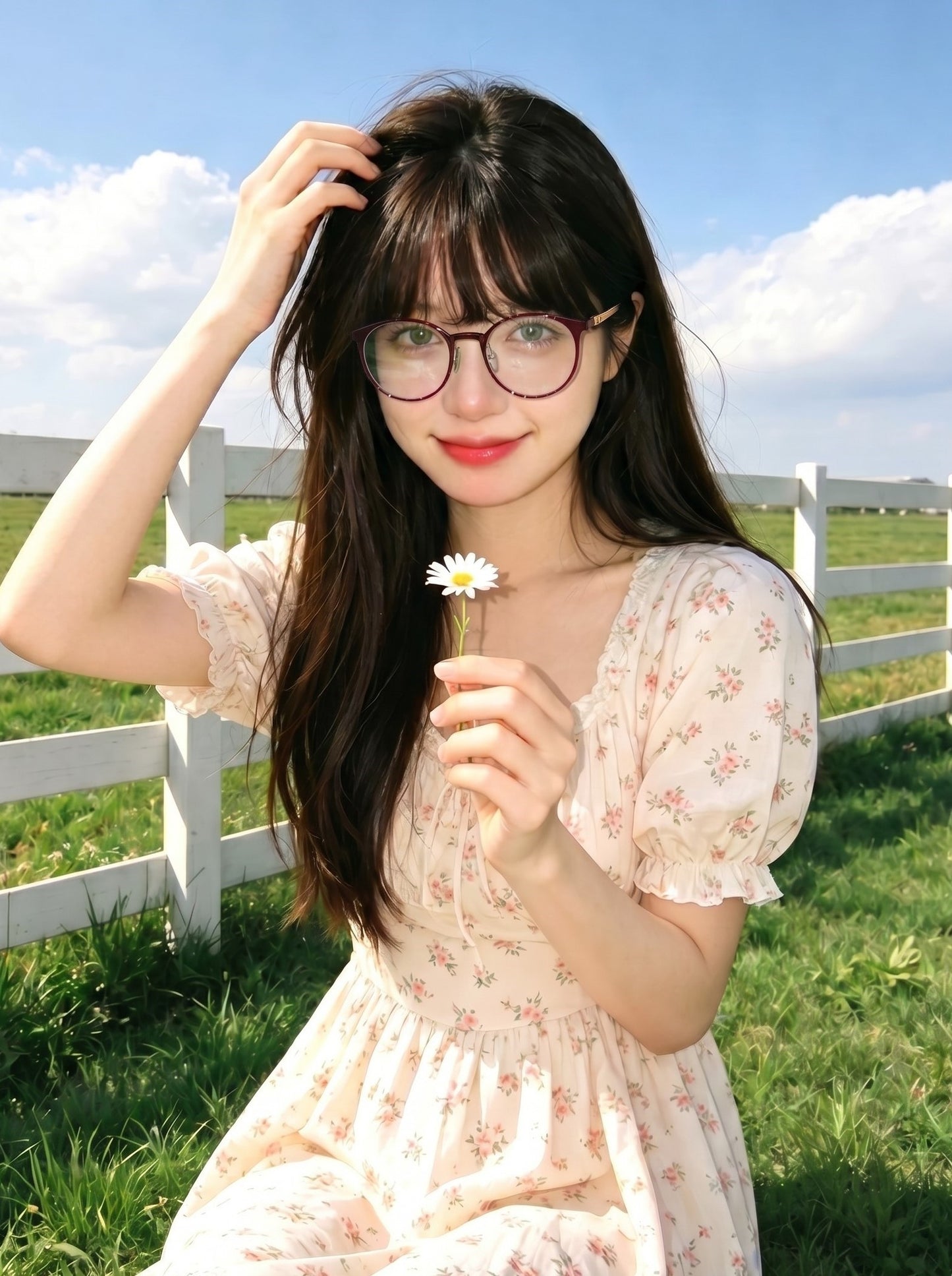 Young asian woman in floral midi dress with cute eyeglasses for women on green grass ranch, holding daisy flower sunny countryside portrait, burgundy round women prescription eyeglasses