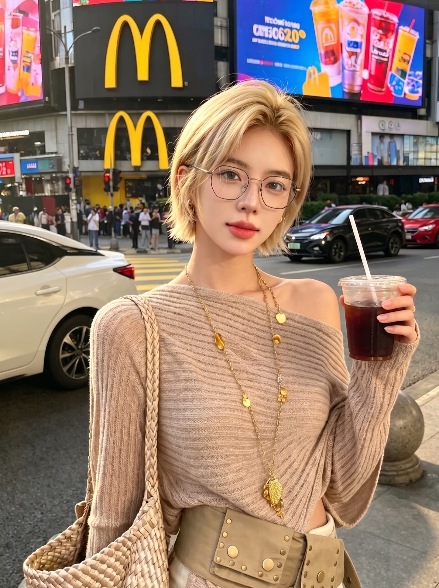 Blonde woman wearing geometric metal glasses, off-shoulder knit top city street fashion portrait, thin gold hexagonal metal optical frame daily eyewear style