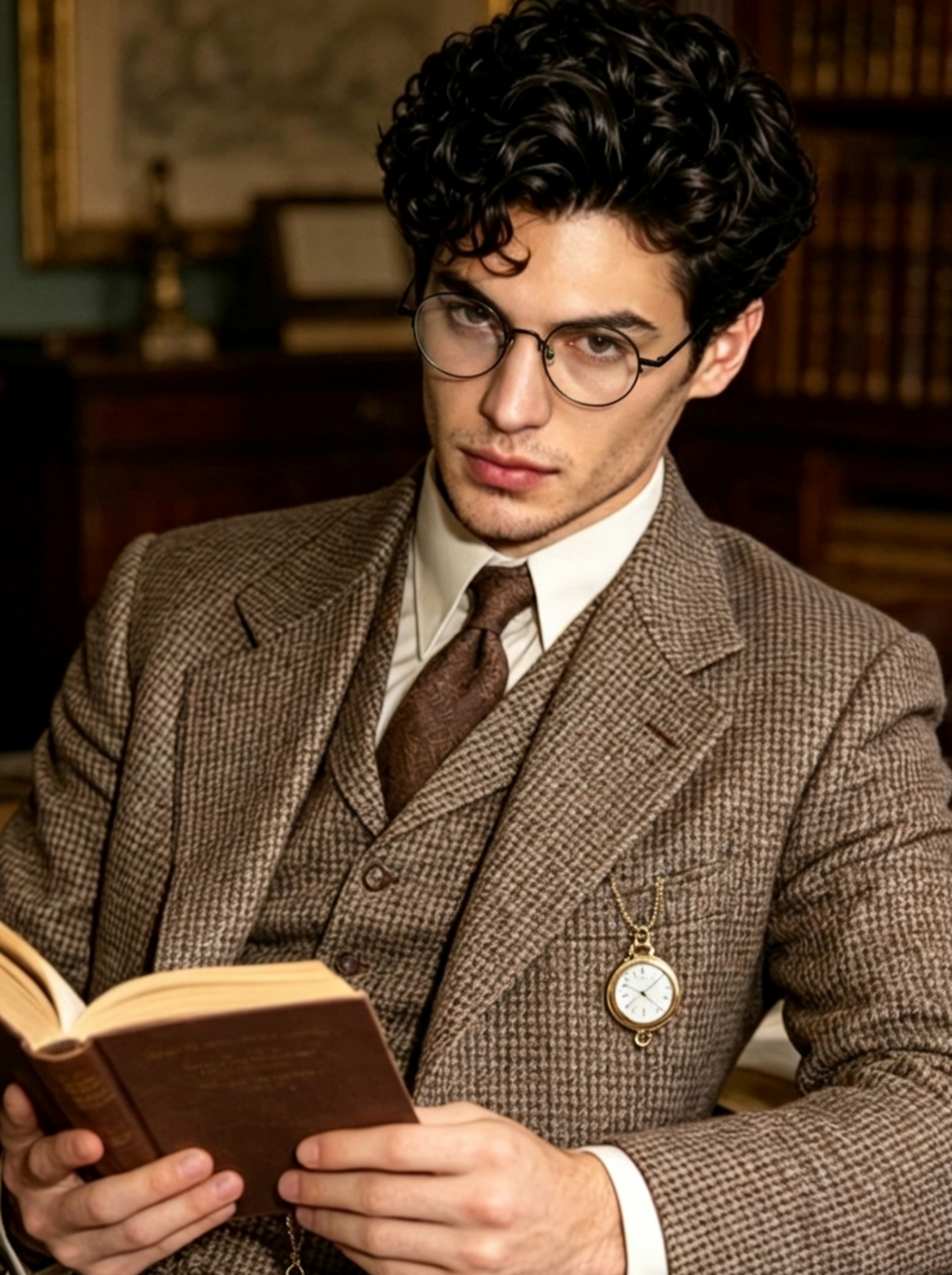 Vintage british gentleman reading hardcover book wearing black retro round metal glasses, tweed three-piece suit pocket watch library study portrait, classic thin round metal retro optical frame for men