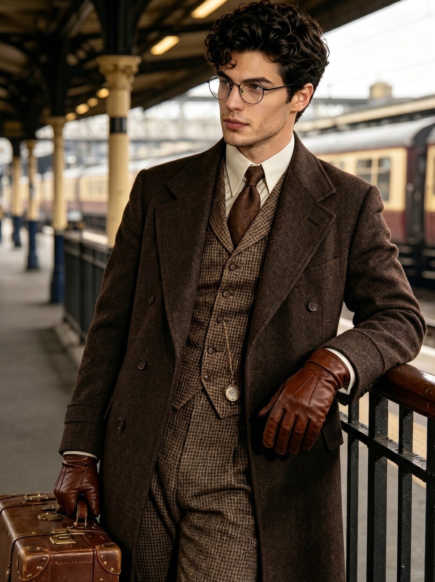 Handsome man in vintage long wool overcoat with retro round metal glasses at old train station, leather suitcase and brown gloves, old london retro men eyewear fashion photo