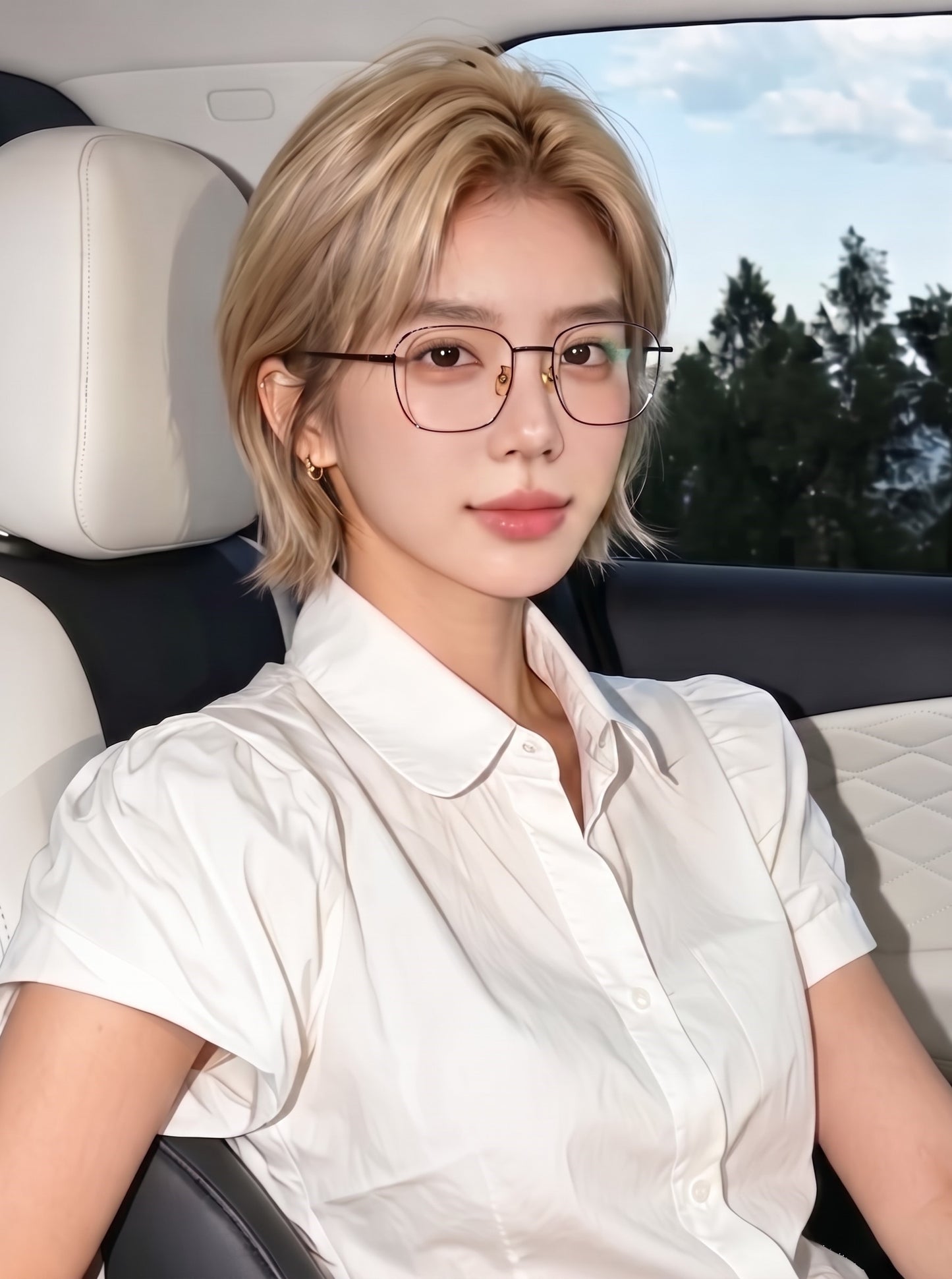 Korean blonde woman sitting in car interior with thin metal glasses frames, casual white short sleeve shirt commute portrait, lightweight two-tone metal prescription eyeglasses for women