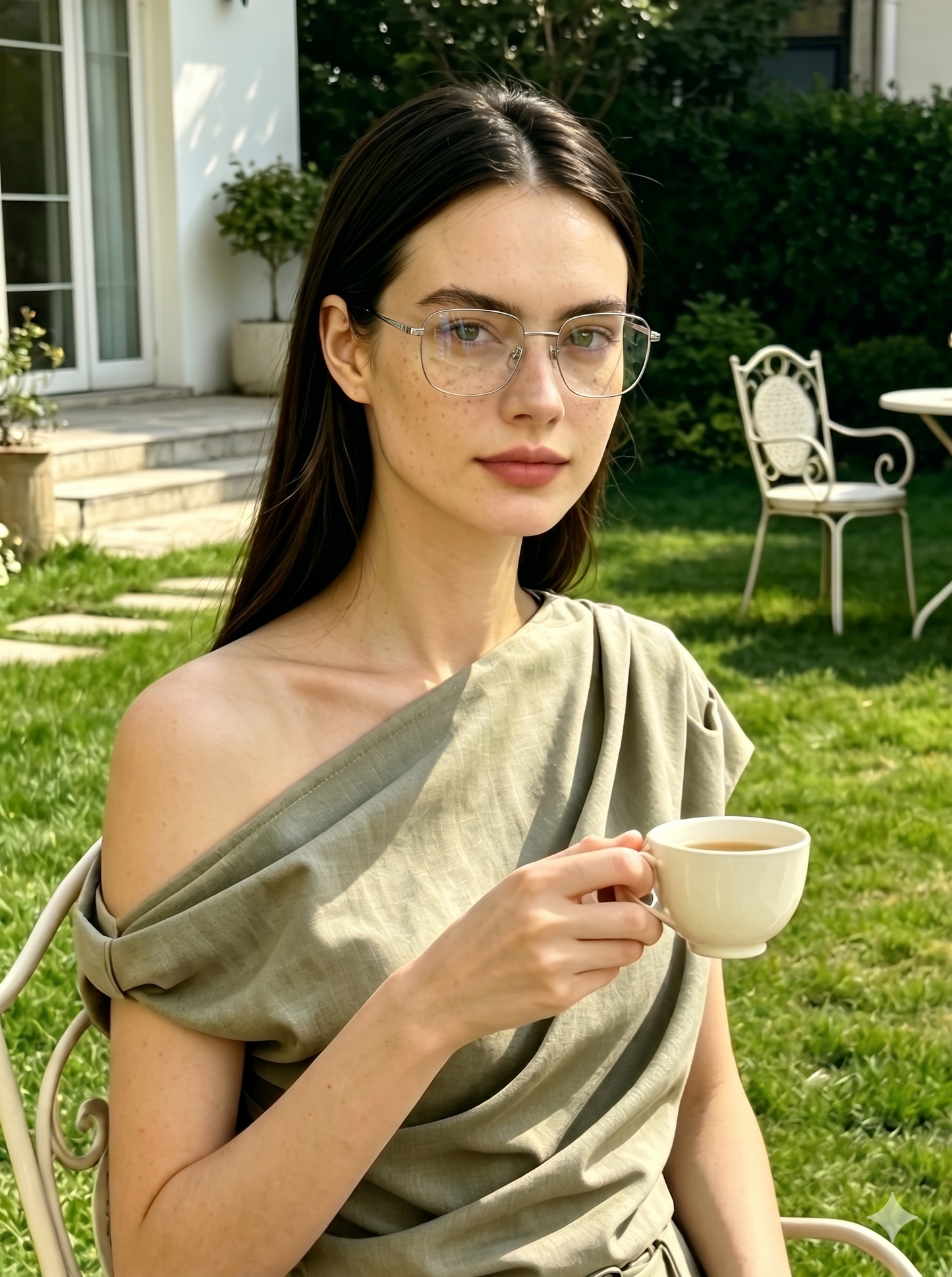 Elegant european woman wearing silver oversized square glasses in backyard garden, sage green one-shoulder linen top holding coffee cup, thin metal oversized square optical frame for women minimalist luxury style