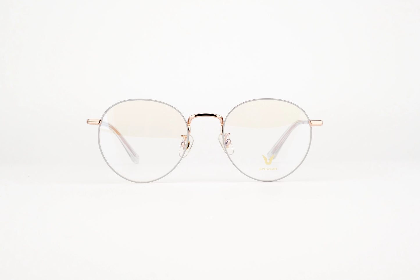 V2604 Full Rim Round Eyeglasses rose gold slim metal full-rim round prescription glasses clean white studio product shot with inner logo